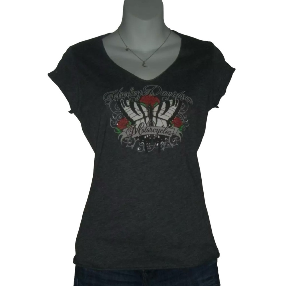 Almost Vintage Harley-Davidson Shirt Butterfly Rhinestone Y2k Baby Tee Gray 2007